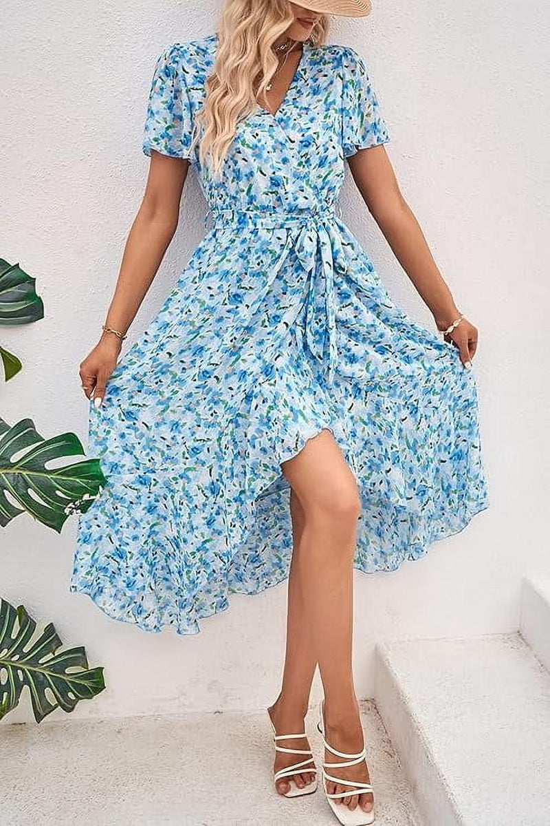 PRETTYGARDEN Women's Floral Boho Dress Wear To Work Wrap V Neck Short Sleeve Belted Ruffle Hem A-Line Flowy Maxi Dresses