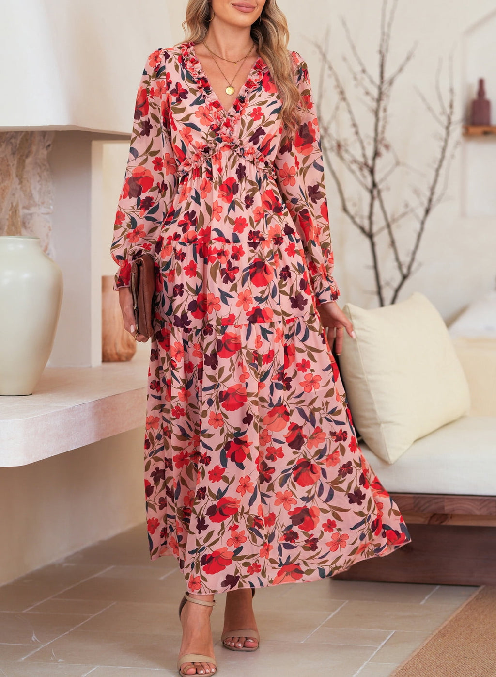 DOKOTOO Women's Red Floral Maxi Dresses Casual Deep V Neck Long Sleeve Evening Dress Cocktail Party Dress for Women, US 8-10(M)