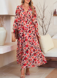 DOKOTOO Women's Red Floral Maxi Dresses Casual Deep V Neck Long Sleeve Evening Dress Cocktail Party Dress for Women, US 8-10(M)