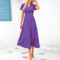 Ruyang Boho Maxi Dress Women's Summer Casual Dress V Neck Short Sleeve Ruffle Ruched Beach Boho Long Floral Maxi Sundress