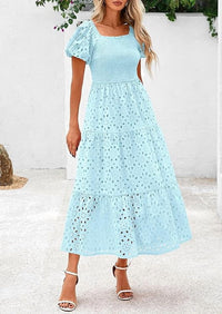 PRETTYGARDEN Summer Dresses for Women Eyelet Square Neck Puff Sleeve Smocked Wedding Guest Maxi Dress with Pockets