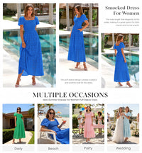 PRETTYGARDEN Summer Dresses for Women Eyelet Square Neck Puff Sleeve Smocked Wedding Guest Maxi Dress with Pockets
