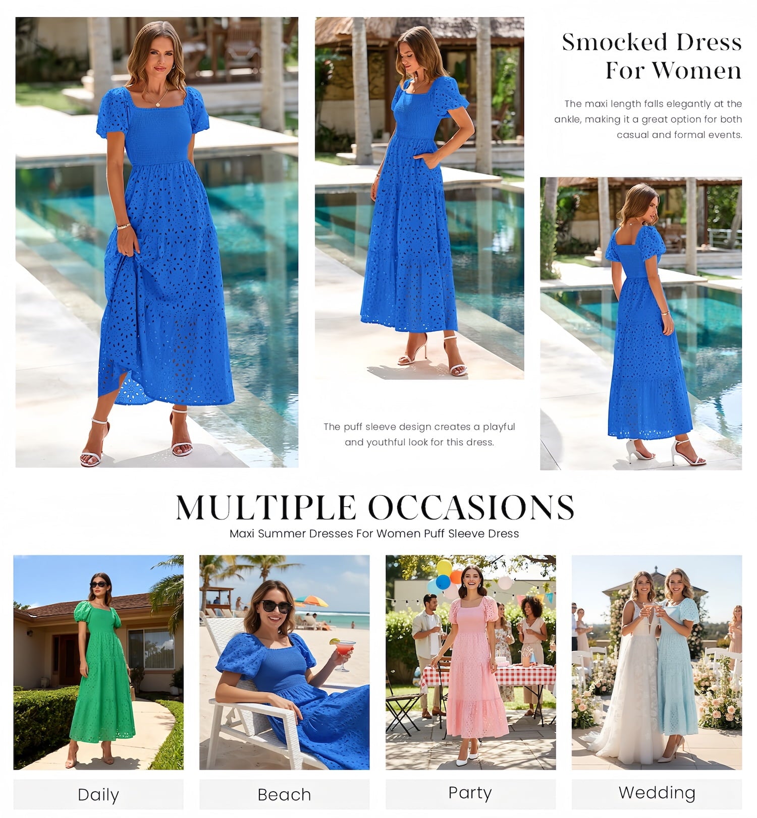 PRETTYGARDEN Summer Dresses for Women Eyelet Square Neck Puff Sleeve Smocked Wedding Guest Maxi Dress with Pockets