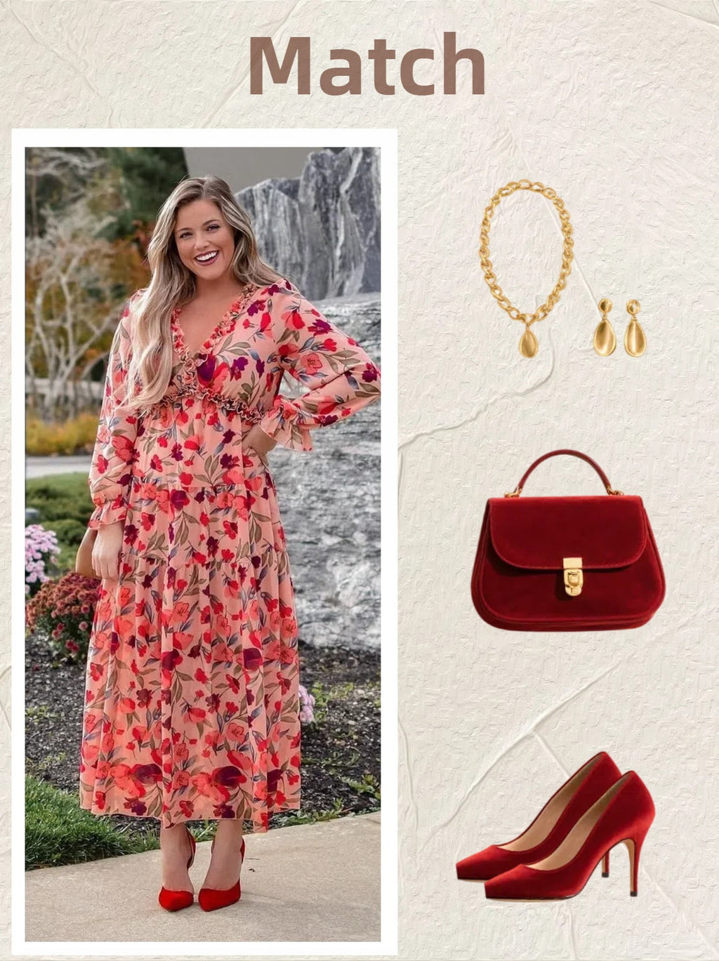 DOKOTOO Women's Red Floral Maxi Dresses Casual Deep V Neck Long Sleeve Evening Dress Cocktail Party Dress for Women, US 8-10(M)