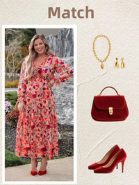 DOKOTOO Women's Red Floral Maxi Dresses Casual Deep V Neck Long Sleeve Evening Dress Cocktail Party Dress for Women, US 8-10(M)