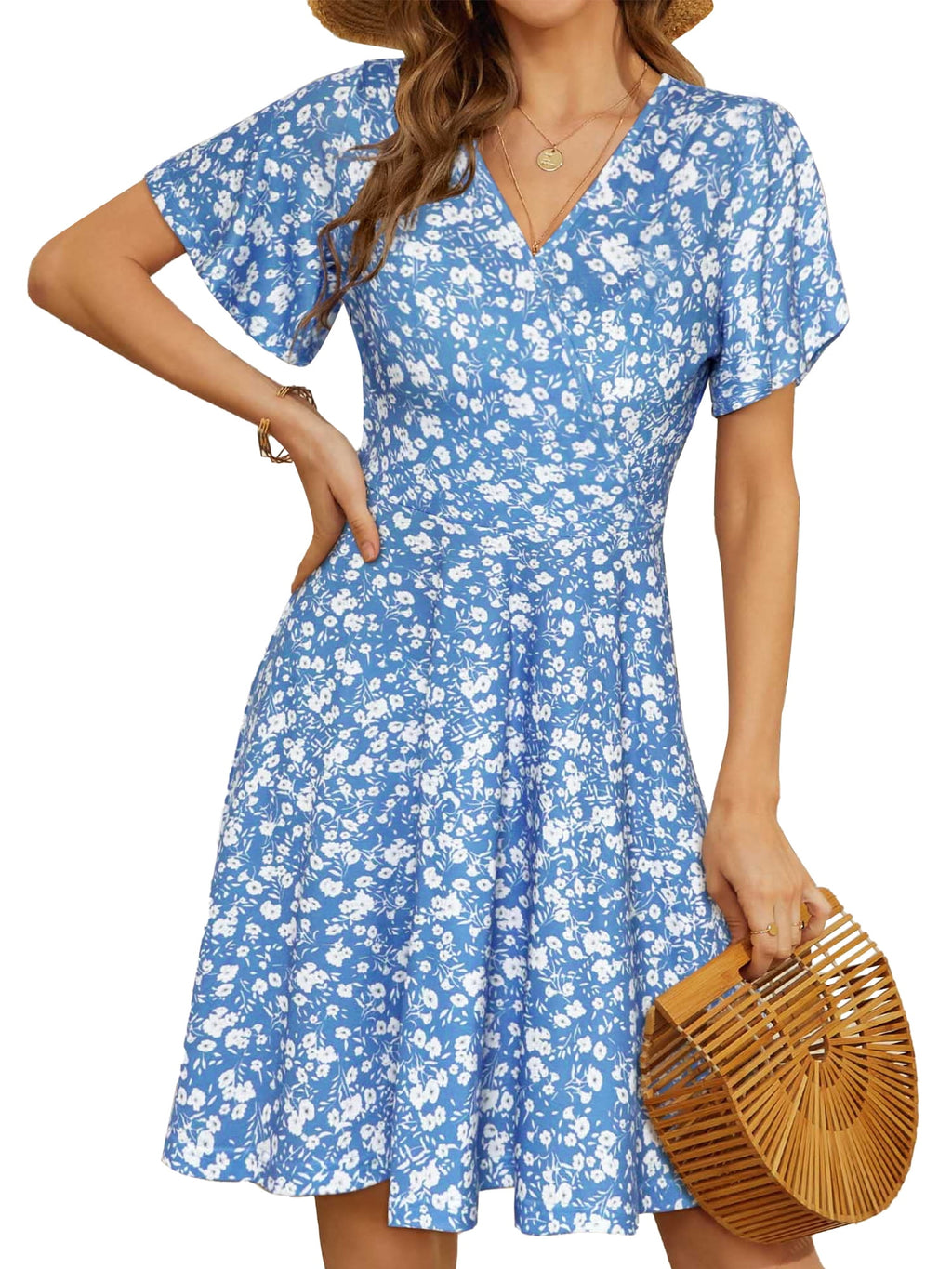UVN Summer Dresses for Women Short Sleeve V Neck A-Line Midi Dress Boho Beach Floral Print Sundress
