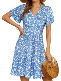 UVN Summer Dresses for Women Short Sleeve V Neck A-Line Midi Dress Boho Beach Floral Print Sundress