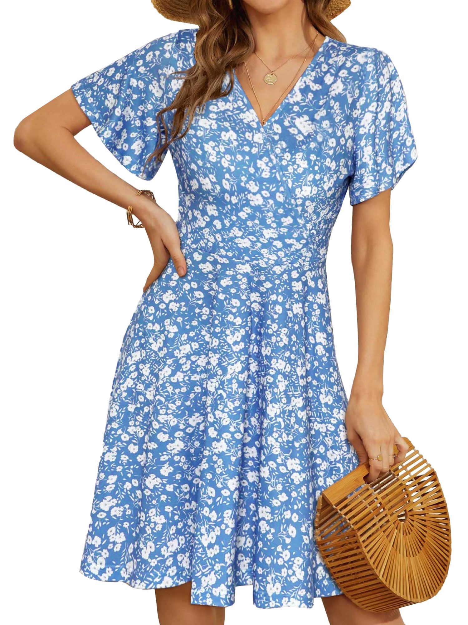 UVN Summer Dresses for Women Short Sleeve V Neck A-Line Midi Dress Boho Beach Floral Print Sundress