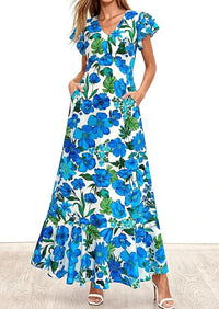 PRETTYGARDEN Womens Summer Floral Maxi Dresses Spring Short Sleeve Ruffle V Neck Flowy Boho Long Beach Vacation Sundress