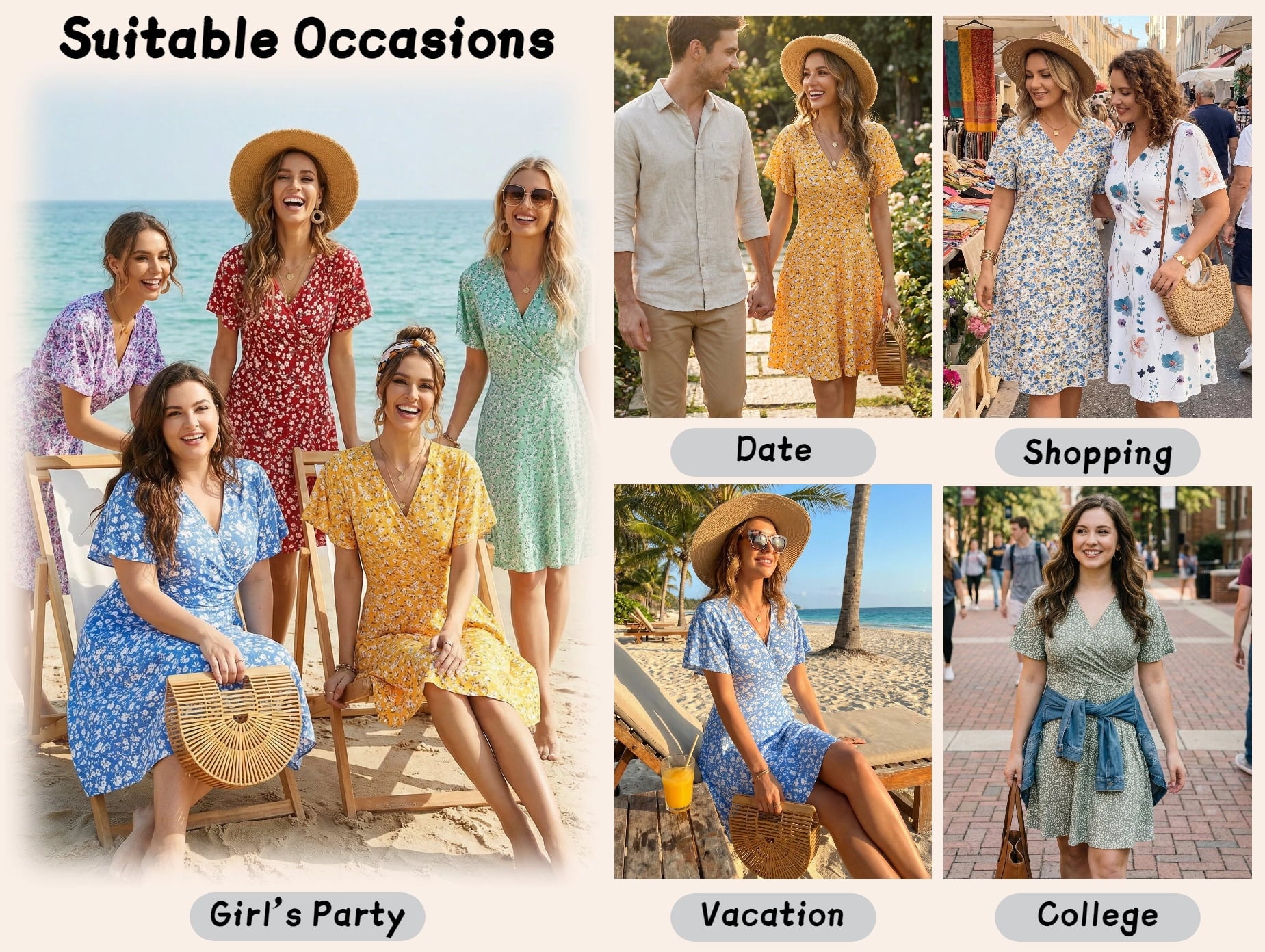 UVN Summer Dresses for Women Short Sleeve V Neck A-Line Midi Dress Boho Beach Floral Print Sundress