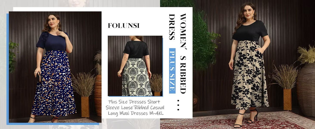 FOLUNSI Women Plus Size Dresses Short Sleeve Loose Ribbed Casual Long Maxi Dresses with Pockets M-4X