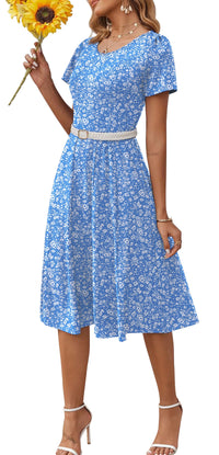Fantaslook Summer Dresses for Women Casual Short Sleeve Pleated Dress Flowy Floral Dress with Pockets Flare Midi Sundress