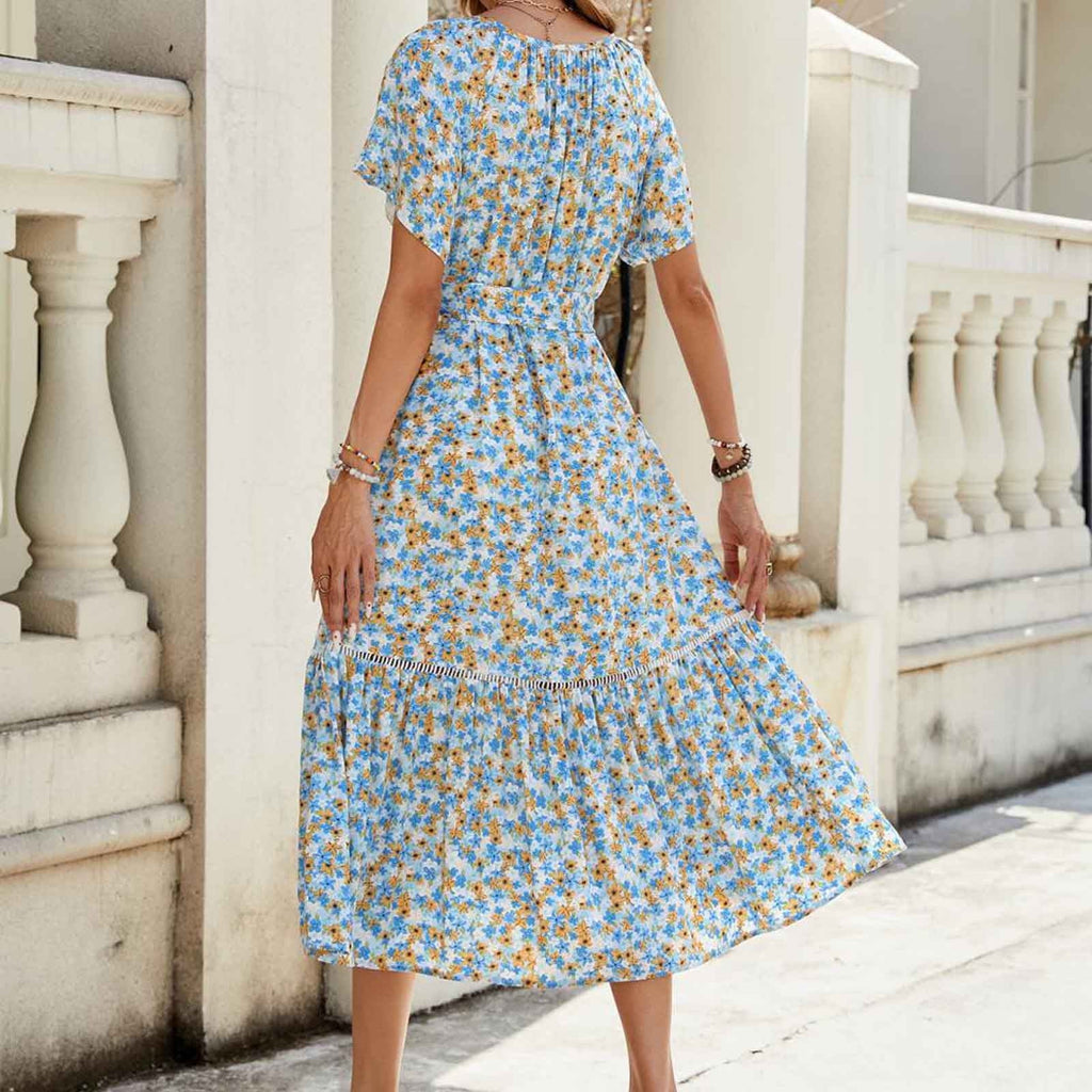 ZQUUVOU Women's Summer Boho Dress Printing Floral Wrist Tie Short Sleeve Maix Dress Blue,XL