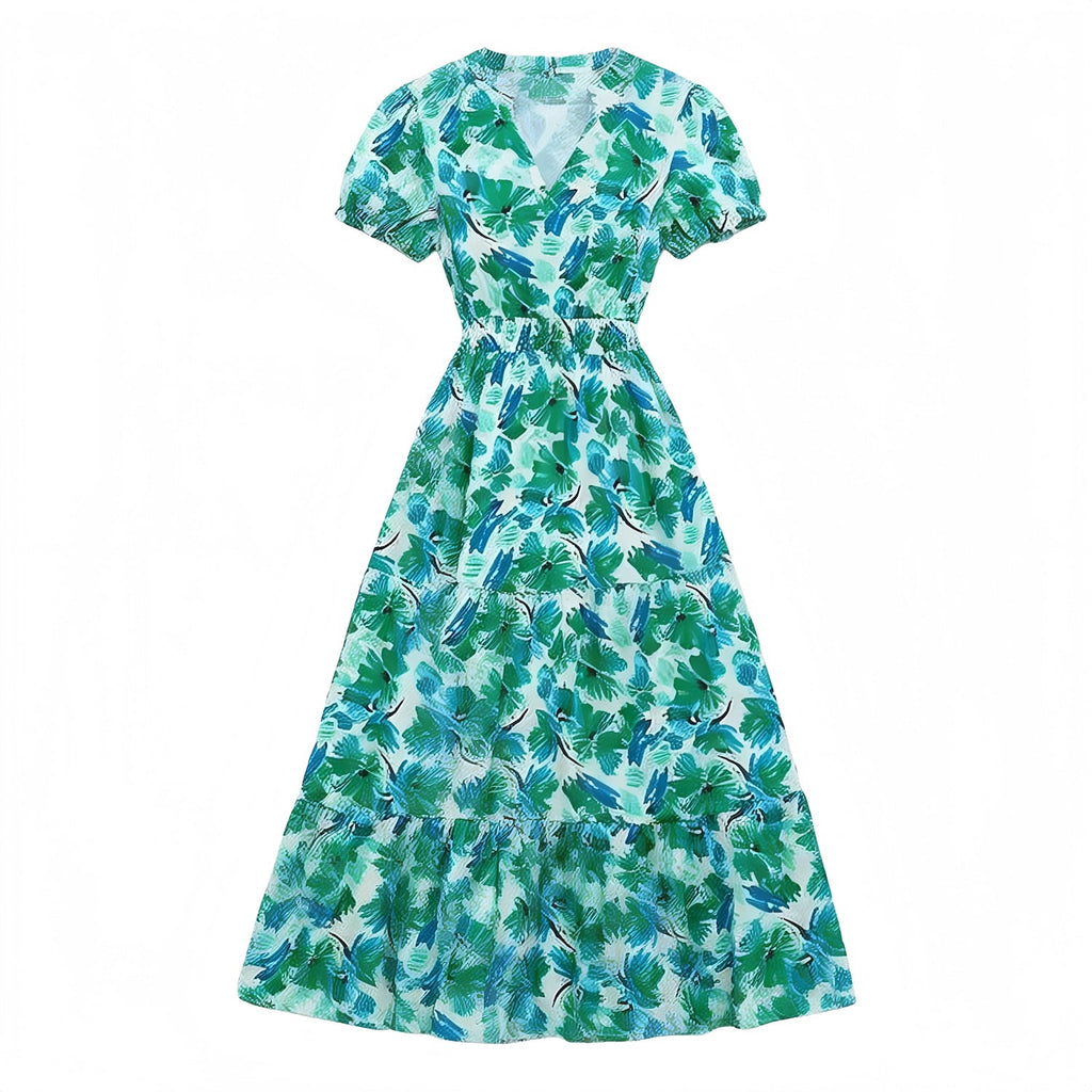 PRETTYGARDEN Summer Maxi Dress for Women Casual Wear To Work V Neck Puff Short Sleeve Smocked Ruffle Flowy Beach Boho Long Floral Dress
