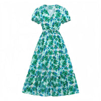 PRETTYGARDEN Summer Maxi Dress for Women Casual Wear To Work V Neck Puff Short Sleeve Smocked Ruffle Flowy Beach Boho Long Floral Dress