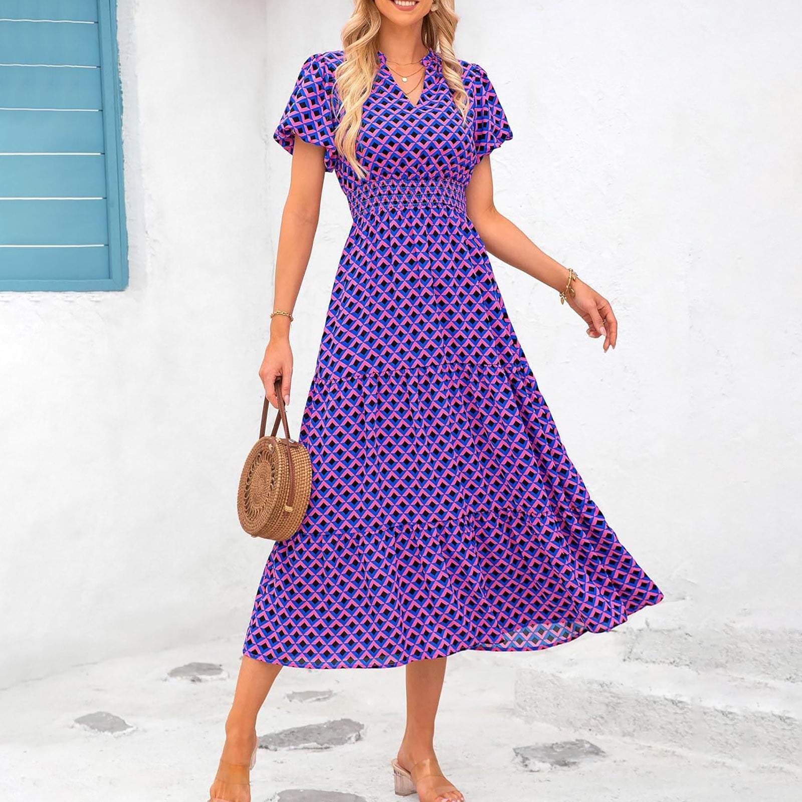 Ruyang Boho Maxi Dress Women's Summer Casual Dress V Neck Short Sleeve Ruffle Ruched Beach Boho Long Floral Maxi Sundress