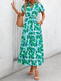 PRETTYGARDEN Summer Maxi Dress for Women Casual Wear To Work V Neck Puff Short Sleeve Smocked Ruffle Flowy Beach Boho Long Floral Dress