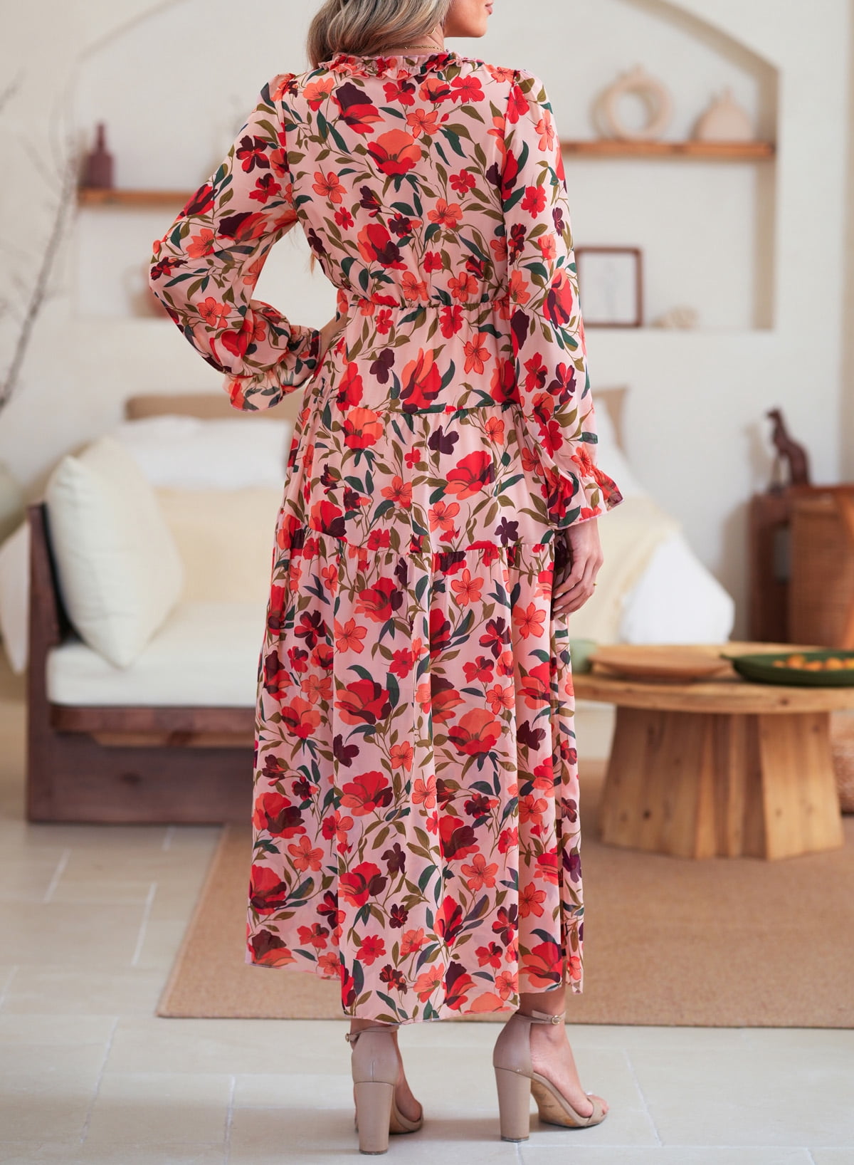 DOKOTOO Women's Red Floral Maxi Dresses Casual Deep V Neck Long Sleeve Evening Dress Cocktail Party Dress for Women, US 8-10(M)