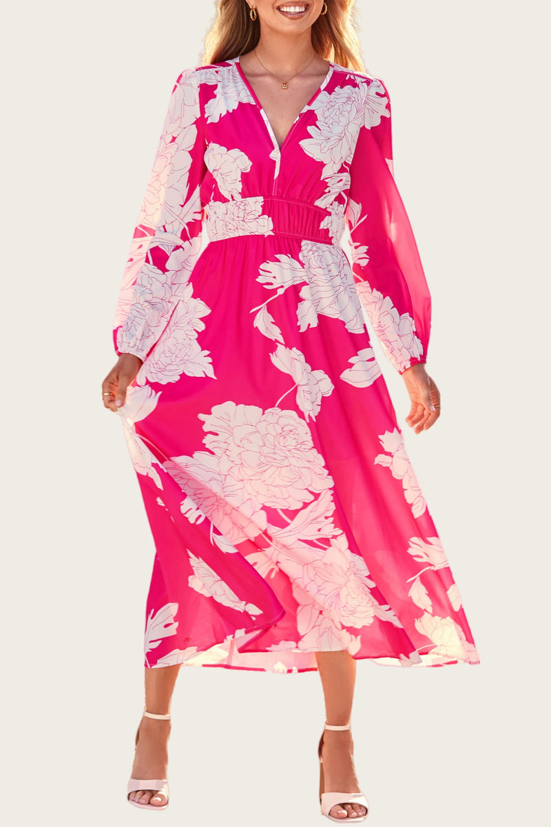PRETTYGARDEN Women's Spring Floral Midi Dress Casual Fall V Neck Long Sleeve Flowy Beach Wedding Guest Vacation Dresses