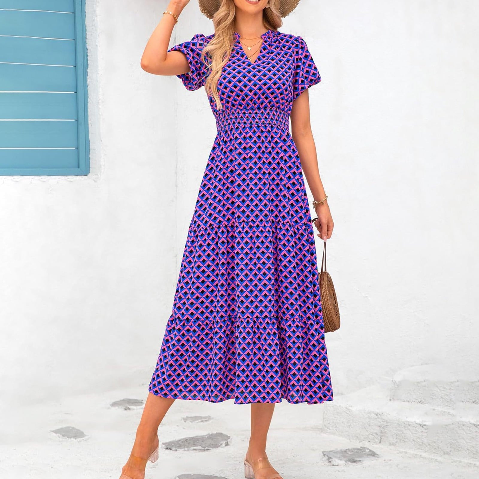 Ruyang Boho Maxi Dress Women's Summer Casual Dress V Neck Short Sleeve Ruffle Ruched Beach Boho Long Floral Maxi Sundress