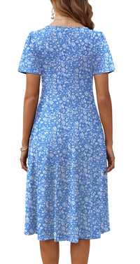 Fantaslook Summer Dresses for Women Casual Short Sleeve Pleated Dress Flowy Floral Dress with Pockets Flare Midi Sundress