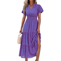 Ruyang Boho Maxi Dress Women's Summer Casual Dress V Neck Short Sleeve Ruffle Ruched Beach Boho Long Floral Maxi Sundress