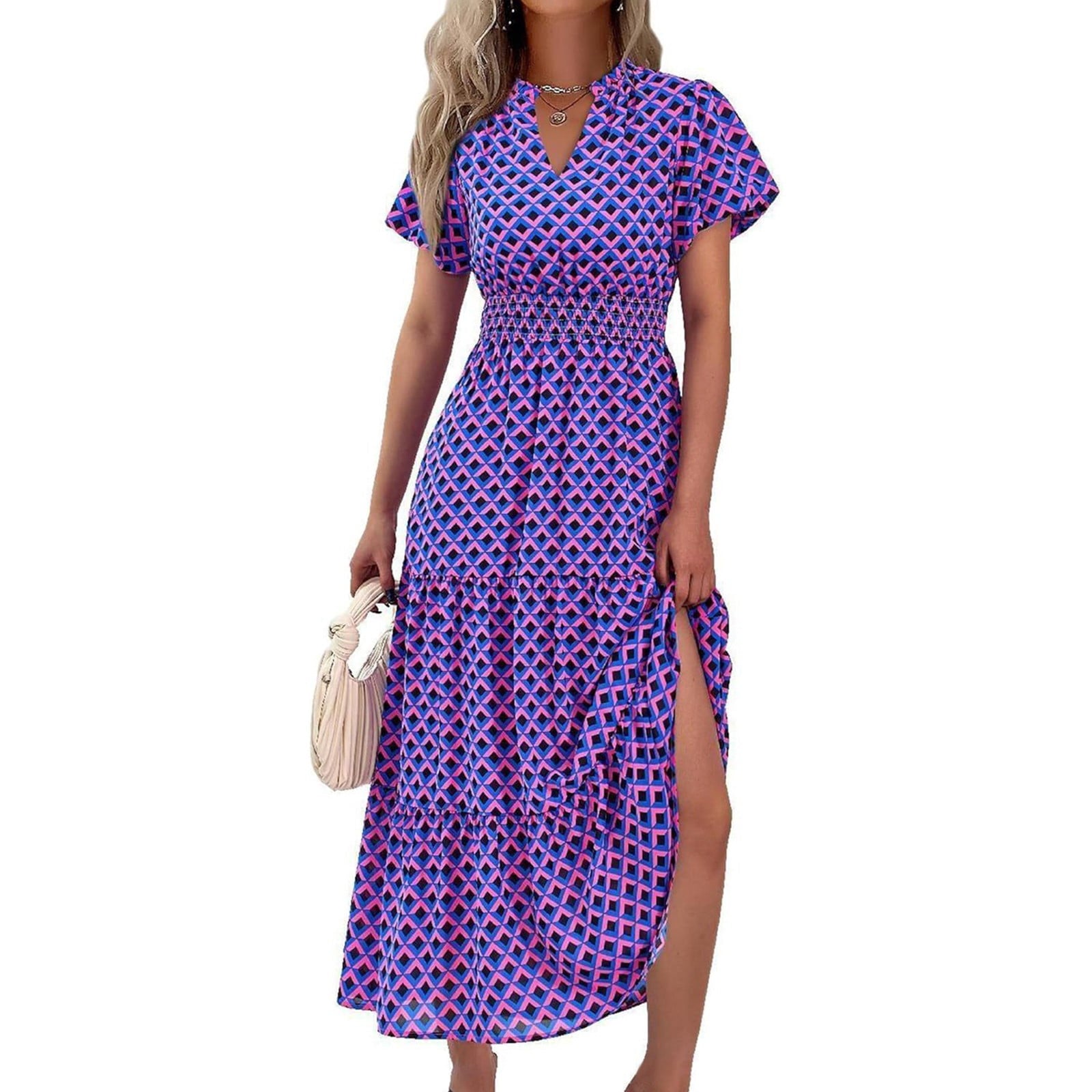 Ruyang Boho Maxi Dress Women's Summer Casual Dress V Neck Short Sleeve Ruffle Ruched Beach Boho Long Floral Maxi Sundress