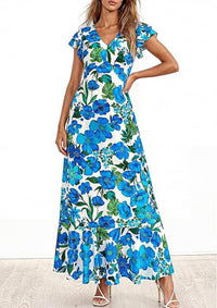 PRETTYGARDEN Womens Summer Floral Maxi Dresses Spring Short Sleeve Ruffle V Neck Flowy Boho Long Beach Vacation Sundress