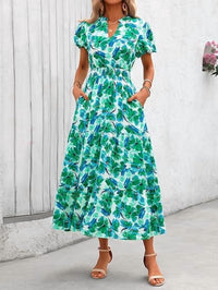 PRETTYGARDEN Summer Maxi Dress for Women Casual Wear To Work V Neck Puff Short Sleeve Smocked Ruffle Flowy Beach Boho Long Floral Dress