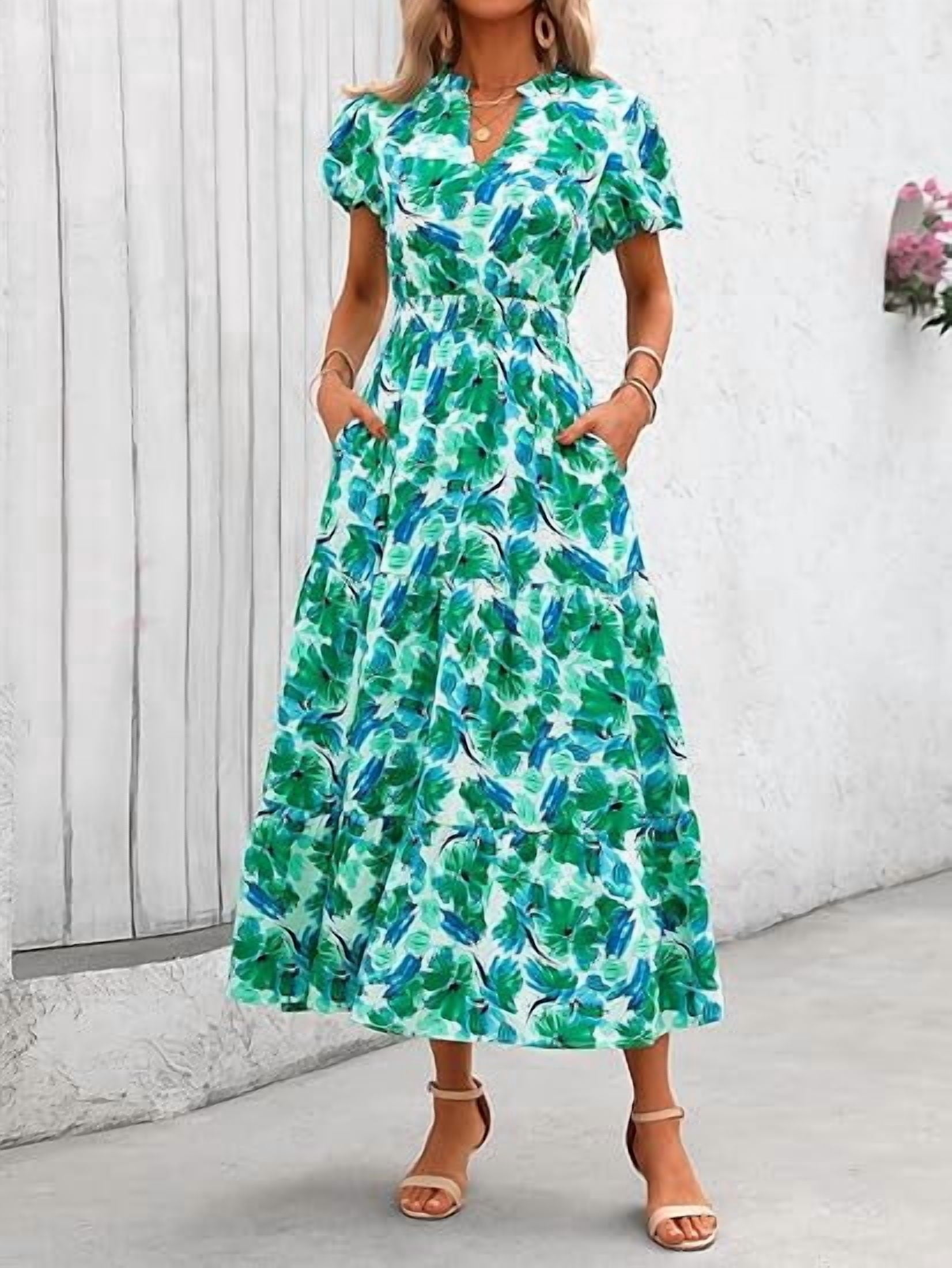 PRETTYGARDEN Summer Maxi Dress for Women Casual Wear To Work V Neck Puff Short Sleeve Smocked Ruffle Flowy Beach Boho Long Floral Dress