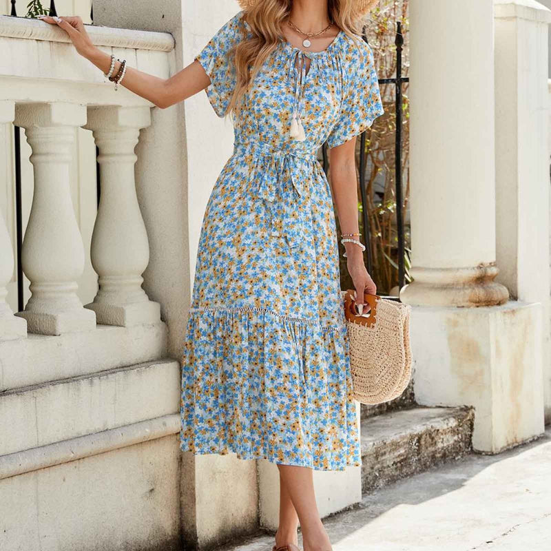 ZQUUVOU Women's Summer Boho Dress Printing Floral Wrist Tie Short Sleeve Maix Dress Blue,XL