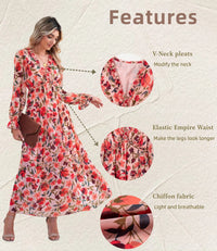 DOKOTOO Women's Red Floral Maxi Dresses Casual Deep V Neck Long Sleeve Evening Dress Cocktail Party Dress for Women, US 8-10(M)