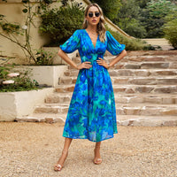 IDOPIP Womens Summer Short Sleeve V Neck Wrap Maxi Dress Casual Boho Floral Wedding Guest Dresses