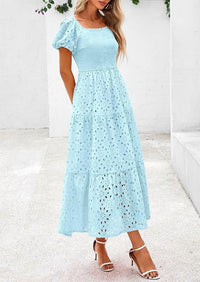 PRETTYGARDEN Summer Dresses for Women Eyelet Square Neck Puff Sleeve Smocked Wedding Guest Maxi Dress with Pockets