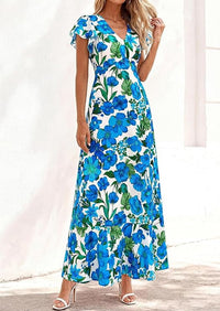 PRETTYGARDEN Womens Summer Floral Maxi Dresses Spring Short Sleeve Ruffle V Neck Flowy Boho Long Beach Vacation Sundress