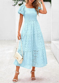 PRETTYGARDEN Summer Dresses for Women Eyelet Square Neck Puff Sleeve Smocked Wedding Guest Maxi Dress with Pockets