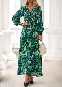 PRETTYGARDEN Women's Fall Boho Maxi Dress Floral Long Sleeve V Neck Flowy Belted Elegant Holiday Party Dresses