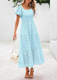 PRETTYGARDEN Summer Dresses for Women Eyelet Square Neck Puff Sleeve Smocked Wedding Guest Maxi Dress with Pockets