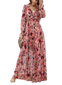 DOKOTOO Women's Red Floral Maxi Dresses Casual Deep V Neck Long Sleeve Evening Dress Cocktail Party Dress for Women, US 8-10(M)