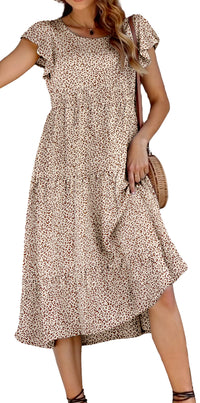 Fantaslook Dresses for Women Summer Casual Boho Dress Floral Print Ruffle Sleeve Midi Beach Dresses