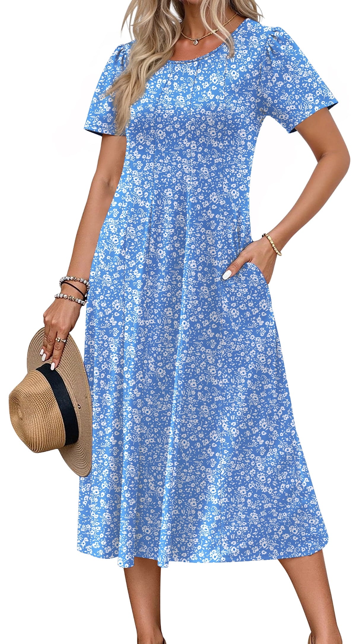 Fantaslook Summer Dresses for Women Casual Short Sleeve Pleated Dress Flowy Floral Dress with Pockets Flare Midi Sundress