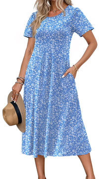 Fantaslook Summer Dresses for Women Casual Short Sleeve Pleated Dress Flowy Floral Dress with Pockets Flare Midi Sundress