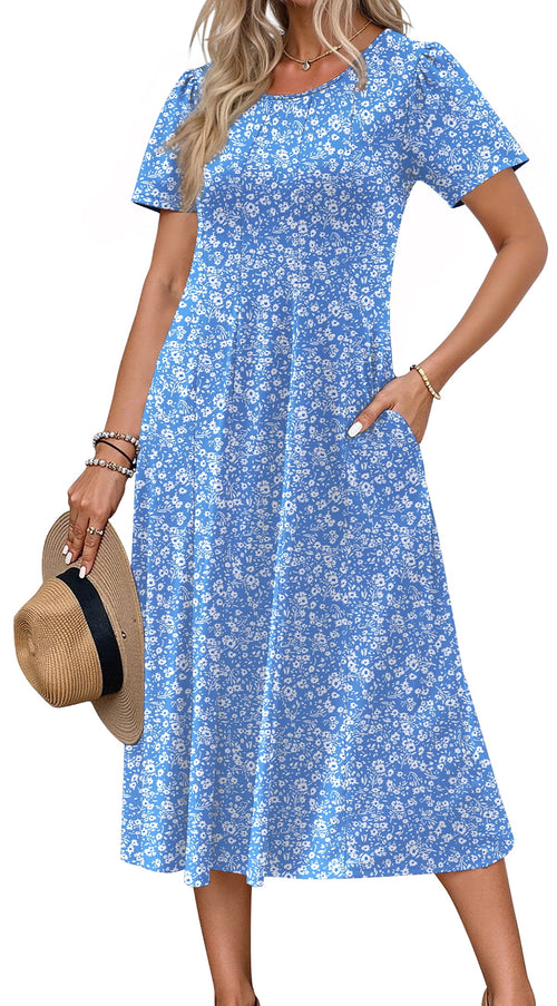 Fantaslook Summer Dresses for Women Casual Short Sleeve Pleated Dress Flowy Floral Dress with Pockets Flare Midi Sundress