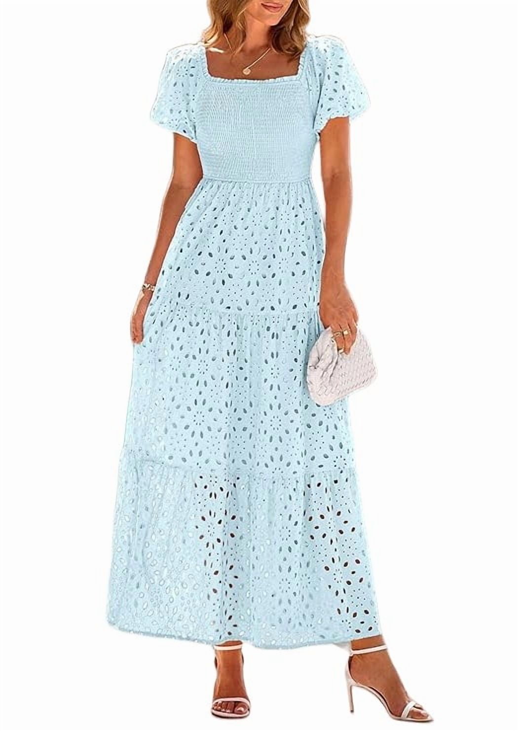 PRETTYGARDEN Summer Dresses for Women Eyelet Square Neck Puff Sleeve Smocked Wedding Guest Maxi Dress with Pockets