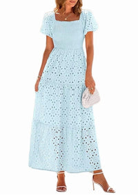 PRETTYGARDEN Summer Dresses for Women Eyelet Square Neck Puff Sleeve Smocked Wedding Guest Maxi Dress with Pockets