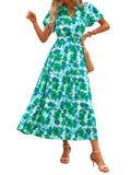 PRETTYGARDEN Summer Maxi Dress for Women Casual Wear To Work V Neck Puff Short Sleeve Smocked Ruffle Flowy Beach Boho Long Floral Dress