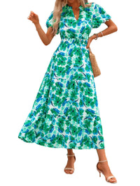 PRETTYGARDEN Summer Maxi Dress for Women Casual Wear To Work V Neck Puff Short Sleeve Smocked Ruffle Flowy Beach Boho Long Floral Dress