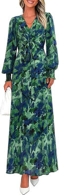 PRETTYGARDEN Women's Fall Boho Maxi Dress Floral Long Sleeve V Neck Flowy Belted Elegant Holiday Party Dresses