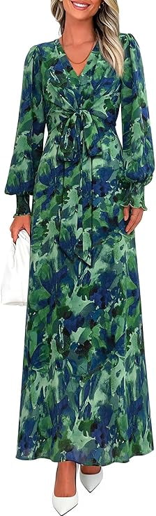 PRETTYGARDEN Women's Fall Boho Maxi Dress Floral Long Sleeve V Neck Flowy Belted Elegant Holiday Party Dresses