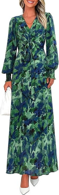 PRETTYGARDEN Women's Fall Boho Maxi Dress Floral Long Sleeve V Neck Flowy Belted Elegant Holiday Party Dresses